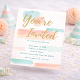 Invitation card with watercolor design and text on a light background